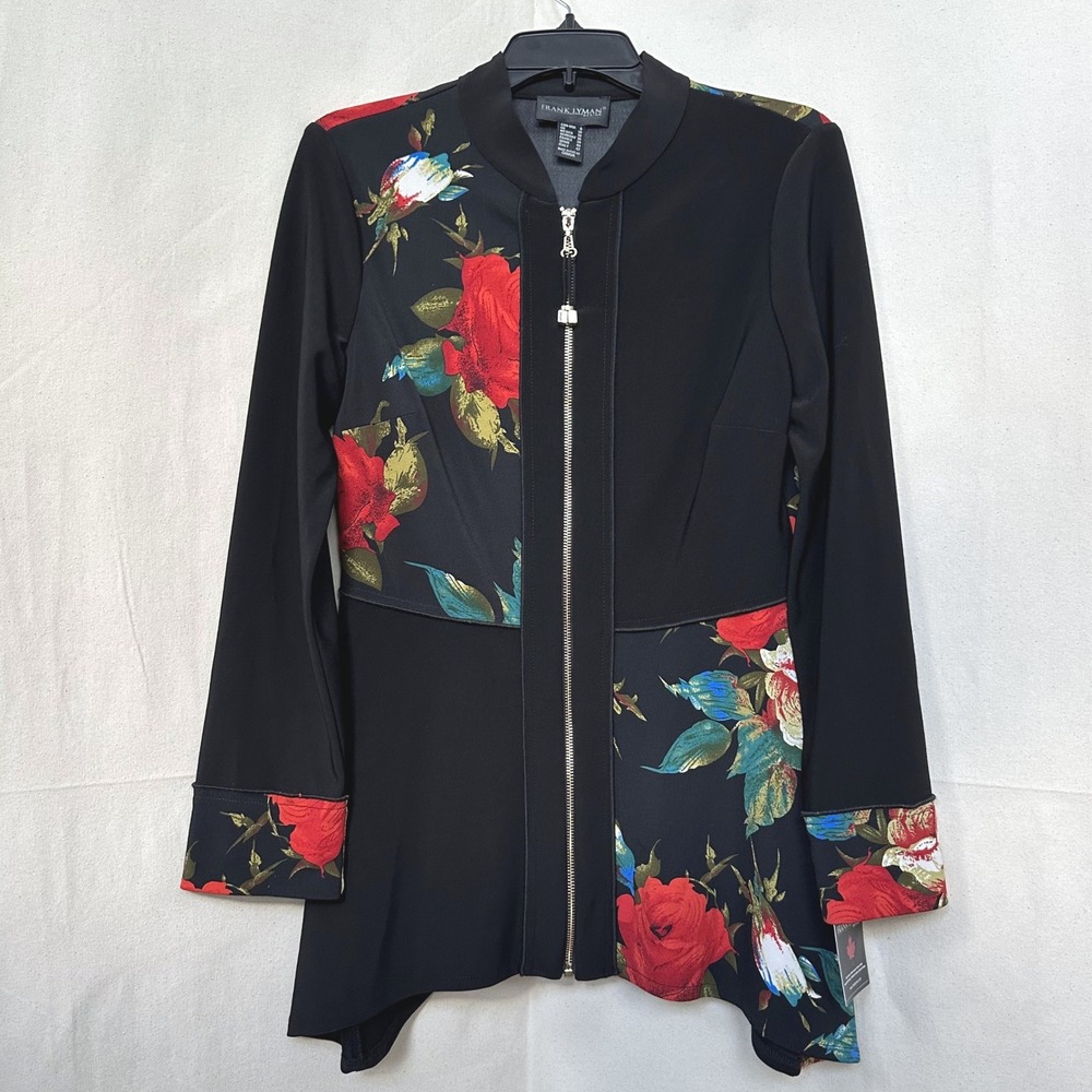 Frank Lyman Artsy Statement Floral Zip Up Jacket Black Asymmetric Size 8 NOS